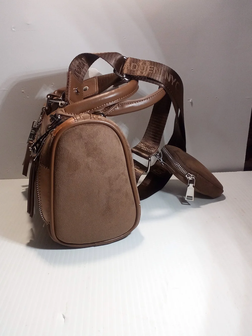Madden NYC Brown Patchwork Satchel Top Handle, Small, Detachable Strap Zip